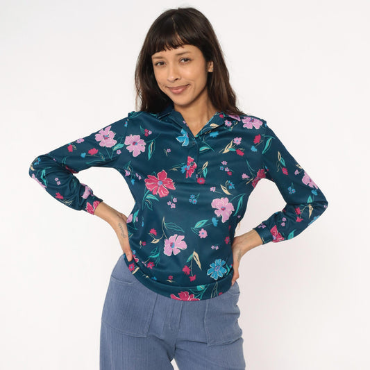 80s Teal Floral Blouse Navy Pink Purple Flowers Long Sleeve Button Up Medium