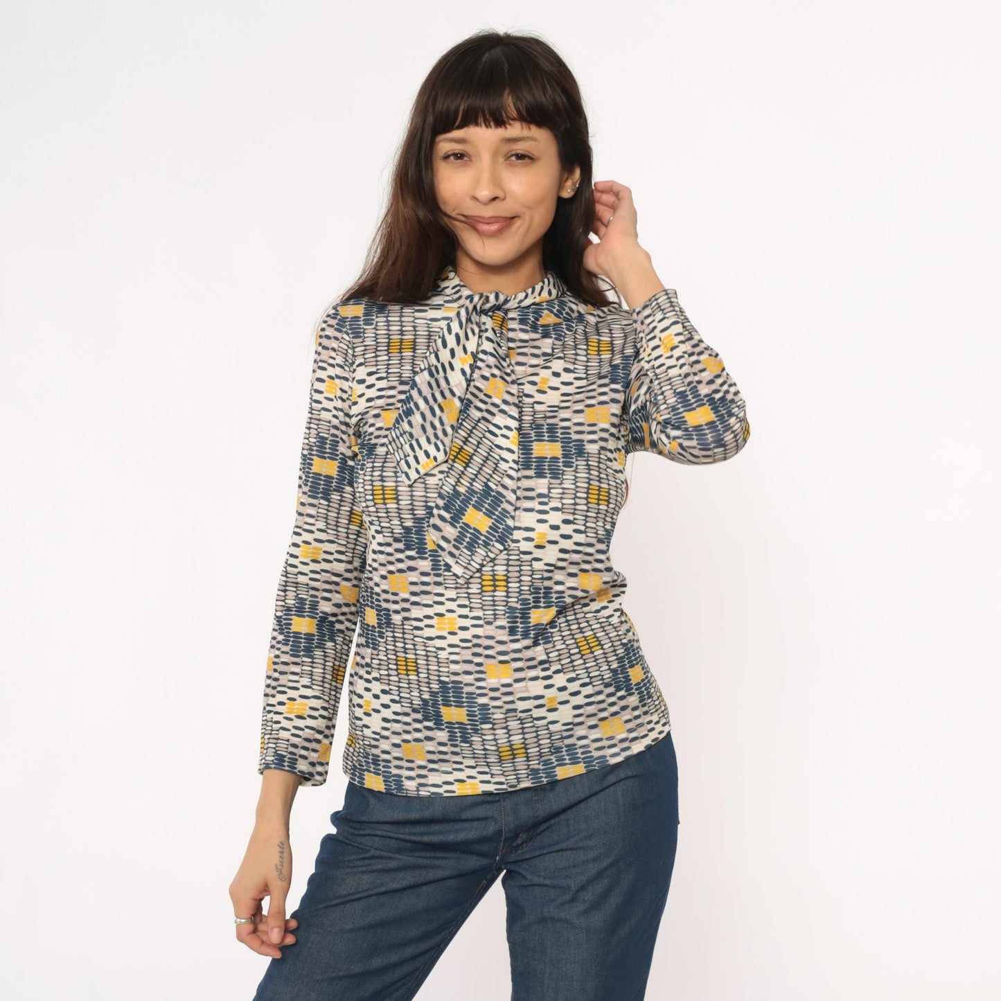 70s Sears Geometric Print Pussy Bow Blouse Navy Mustard Cream Small