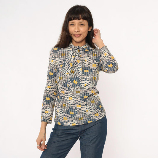 70s Sears Geometric Print Pussy Bow Blouse Navy Mustard Cream Small