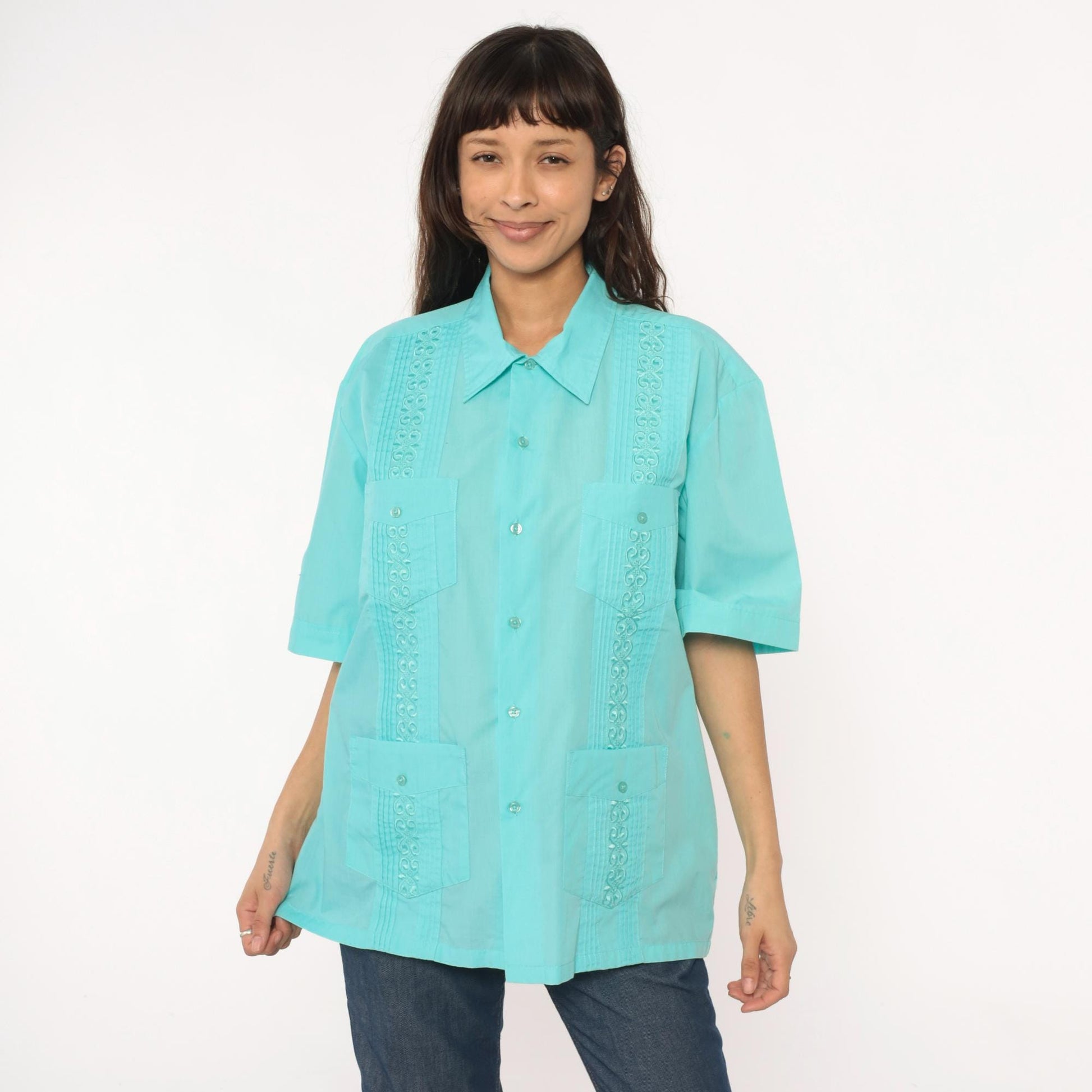 80s Tropicool Aqua Embroidered Pintuck Short Sleeve Shirt Medium