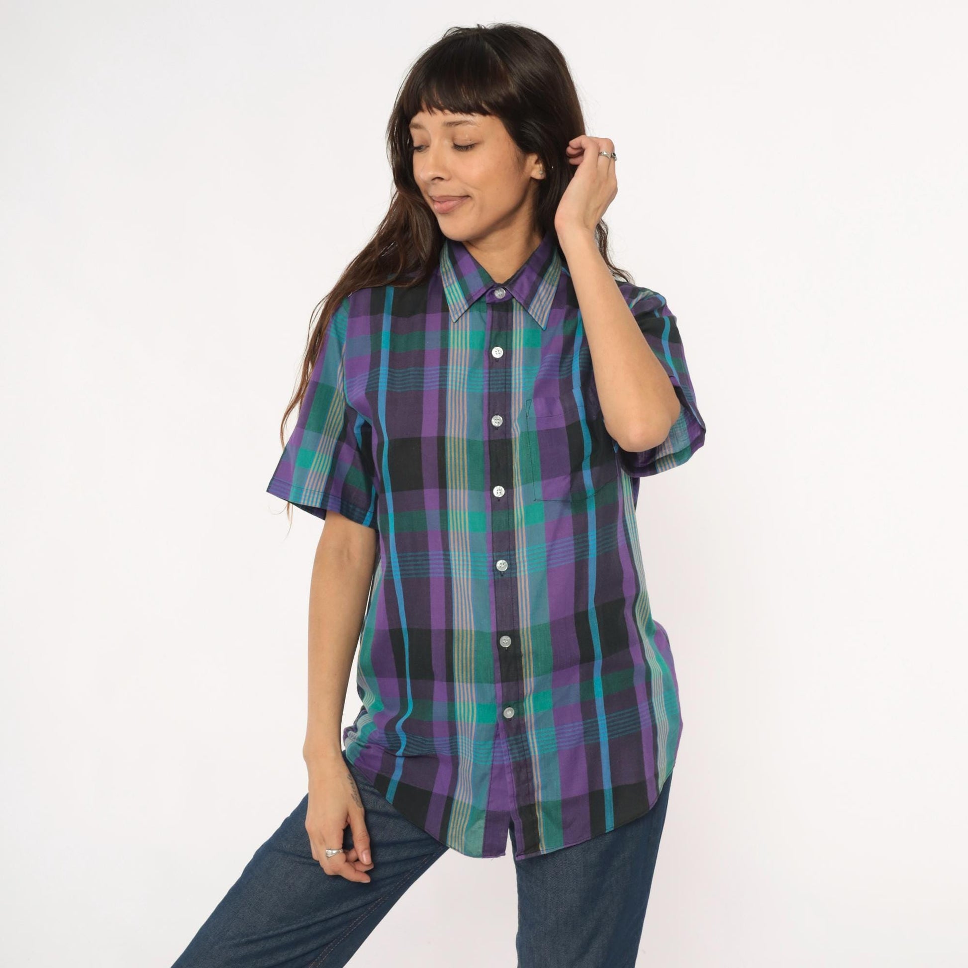 80s Plaid Button-Up Shirt Purple Green Teal Check Short Sleeve Medium