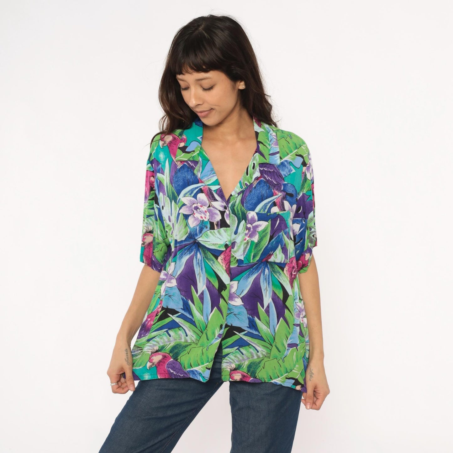 90s Spare Change California Tropical Parrot Rayon Shirt Turquoise Medium