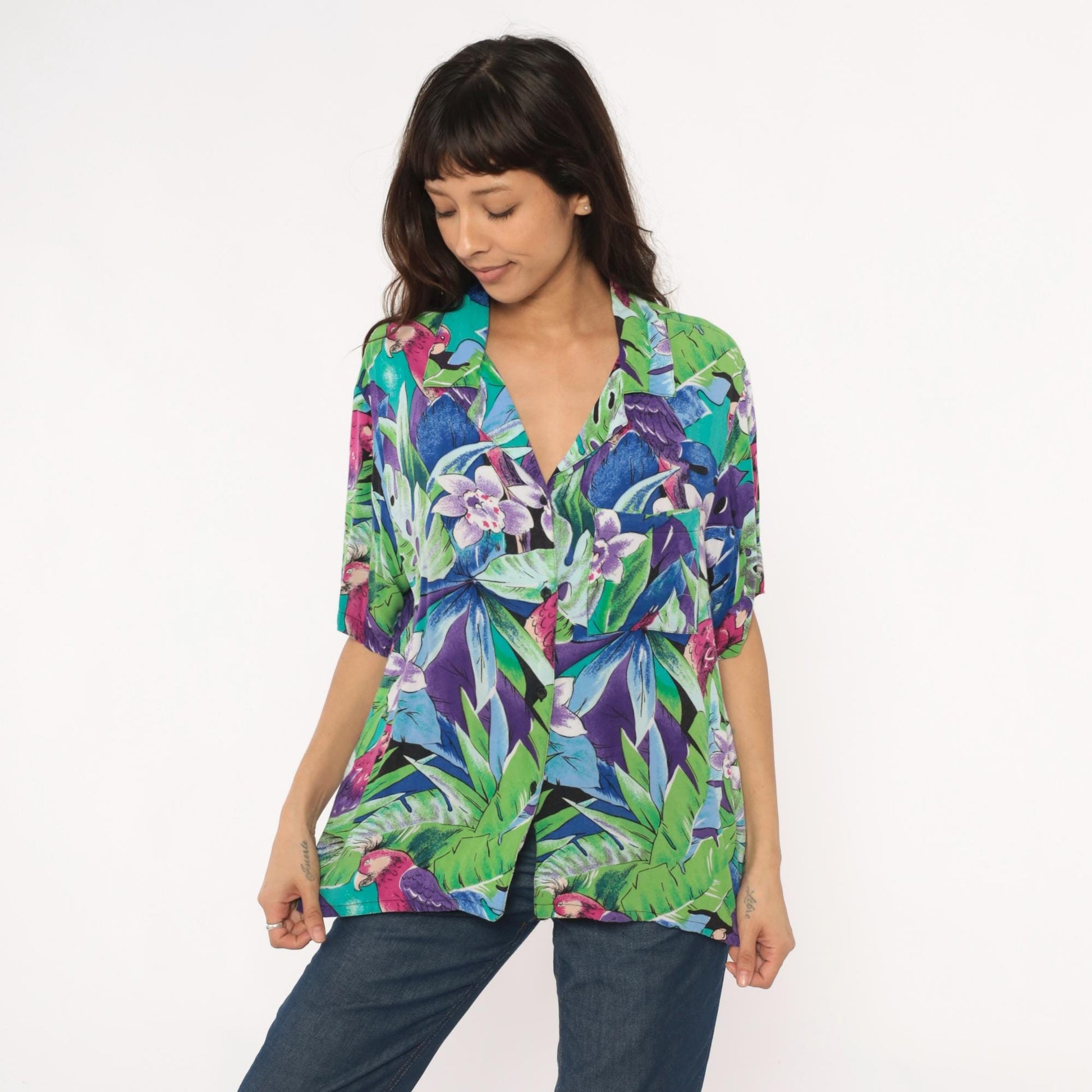 90s Spare Change California Tropical Parrot Rayon Shirt Turquoise Medium