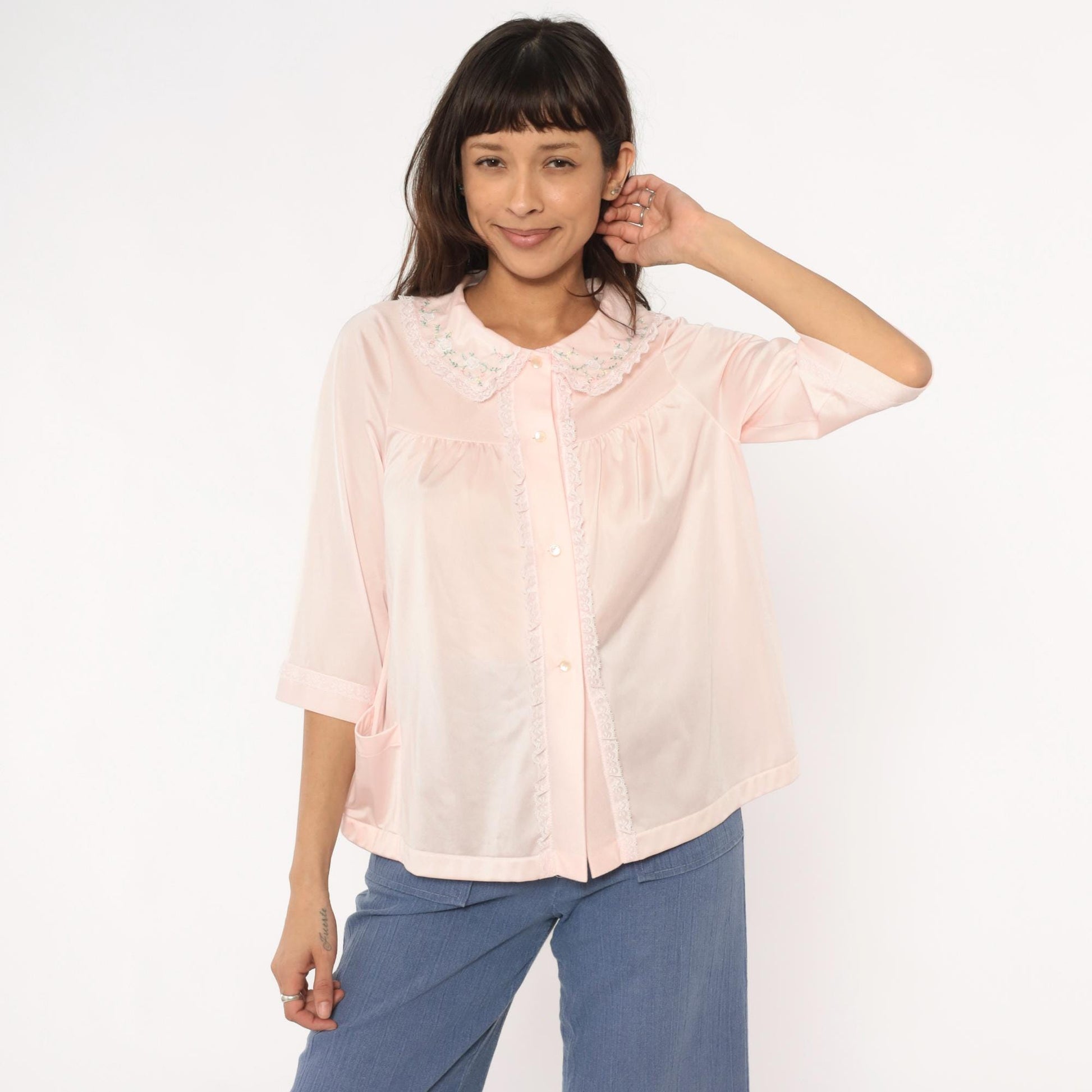 80s Shadowline Nylon Blouse Peter Pan Collar Embroidered Floral Pink Small