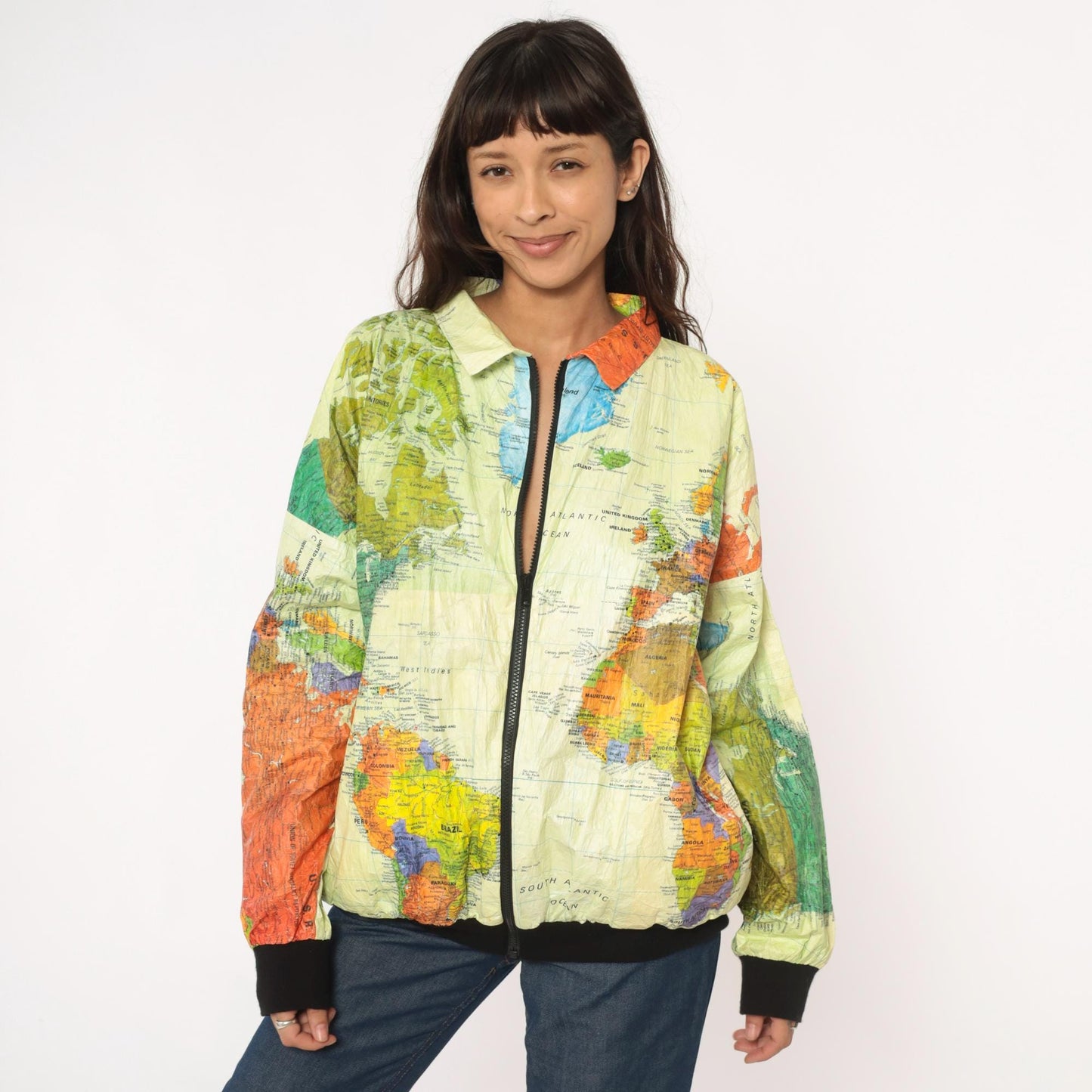 90s Admiral Ty World Map Windbreaker Jacket Tyvek Zip Multicolor Continents Extra Large XL