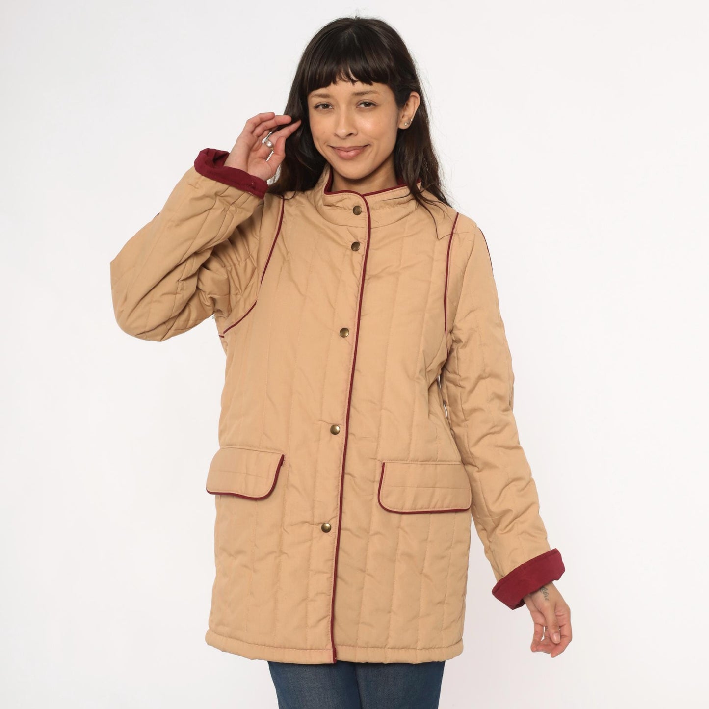 80s Saril Quilted Barn Jacket Tan Burgundy Trim Snap Front Small