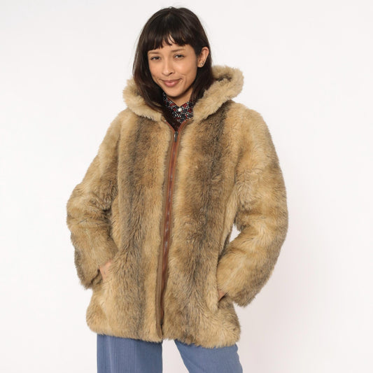 70s Beekman Place Faux Fur Hooded Coat Beige Brown Vinyl Trim Medium