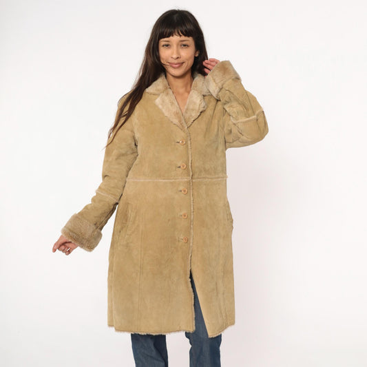 Y2K Brandon Thomas Leather Shearling Coat Tan Knee-Length Large L