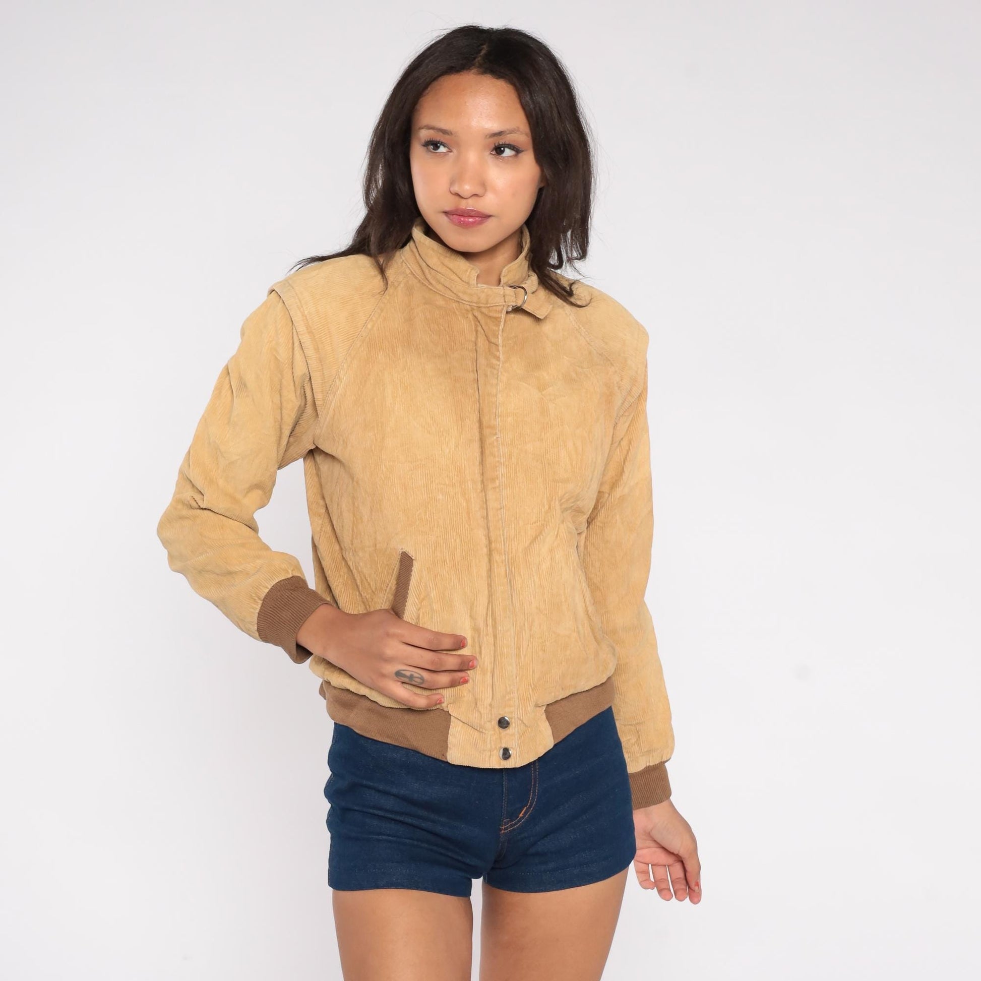 80s Tan Corduroy Bomber Jacket Zip Front Buckle Collar Extra Small XS