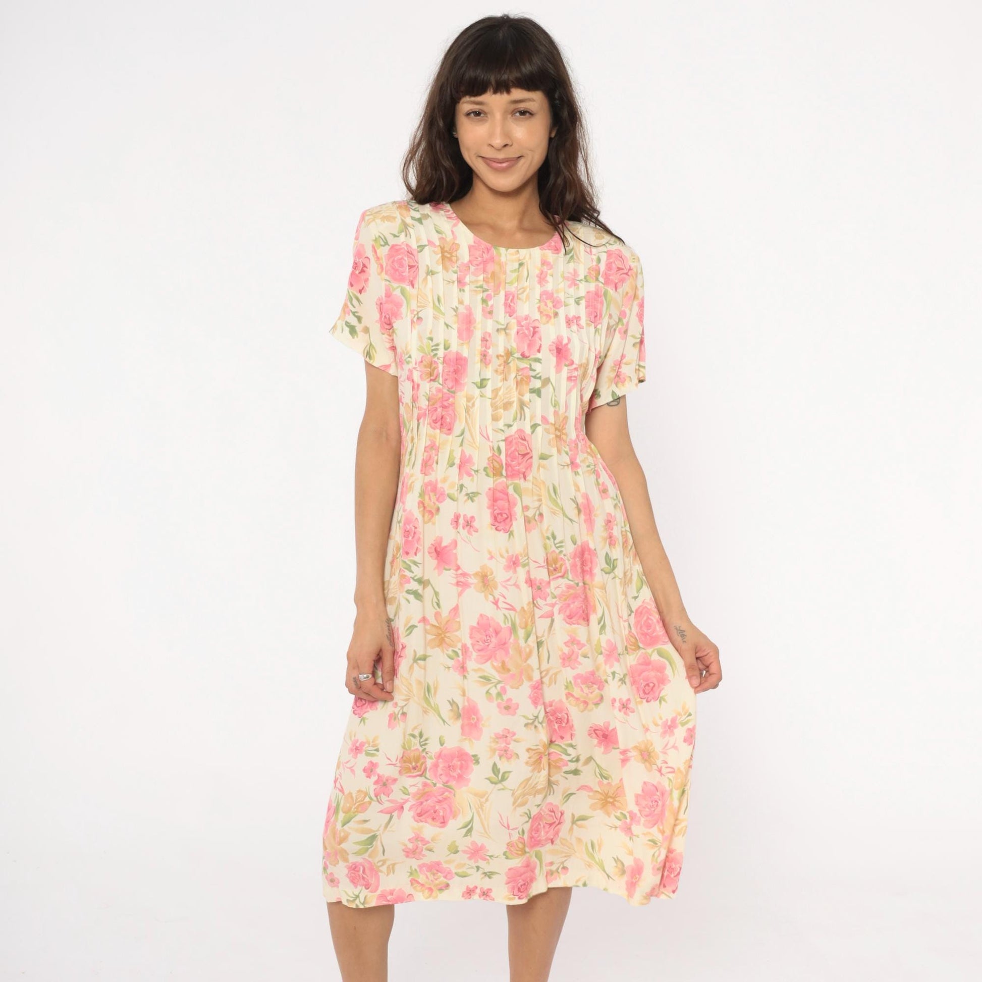 90s Teddi Floral Midi Dress Cream Pink Roses Pintuck Bodice Tie Back Large