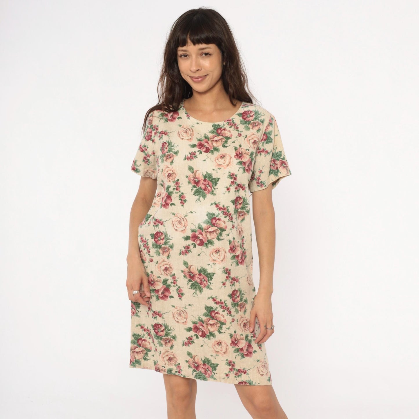 80s Floral Hawaiian Dress Linen Blend Cream Pink Tapestry Print Shift Medium