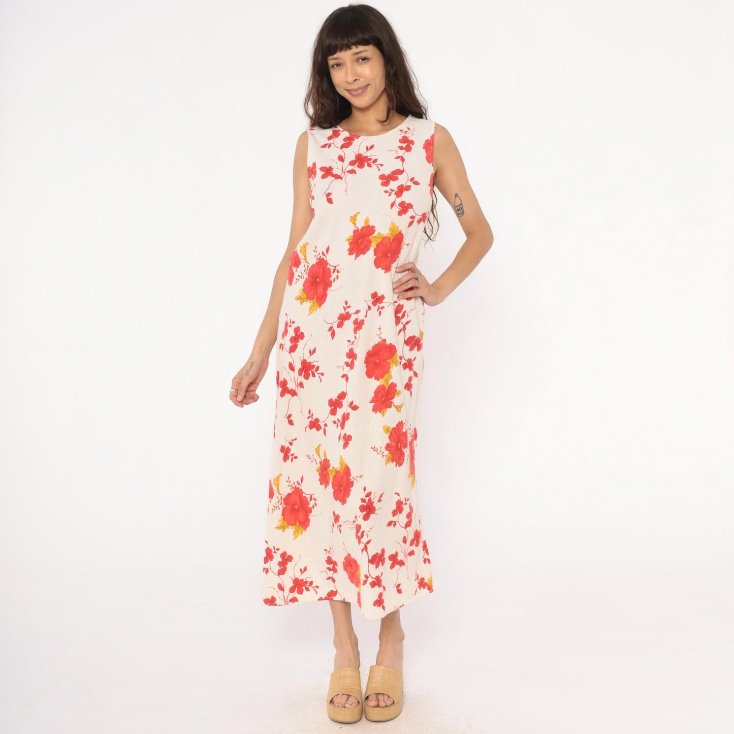90s Lennie New York Floral Linen Maxi Dress Cream Red Yellow Large L