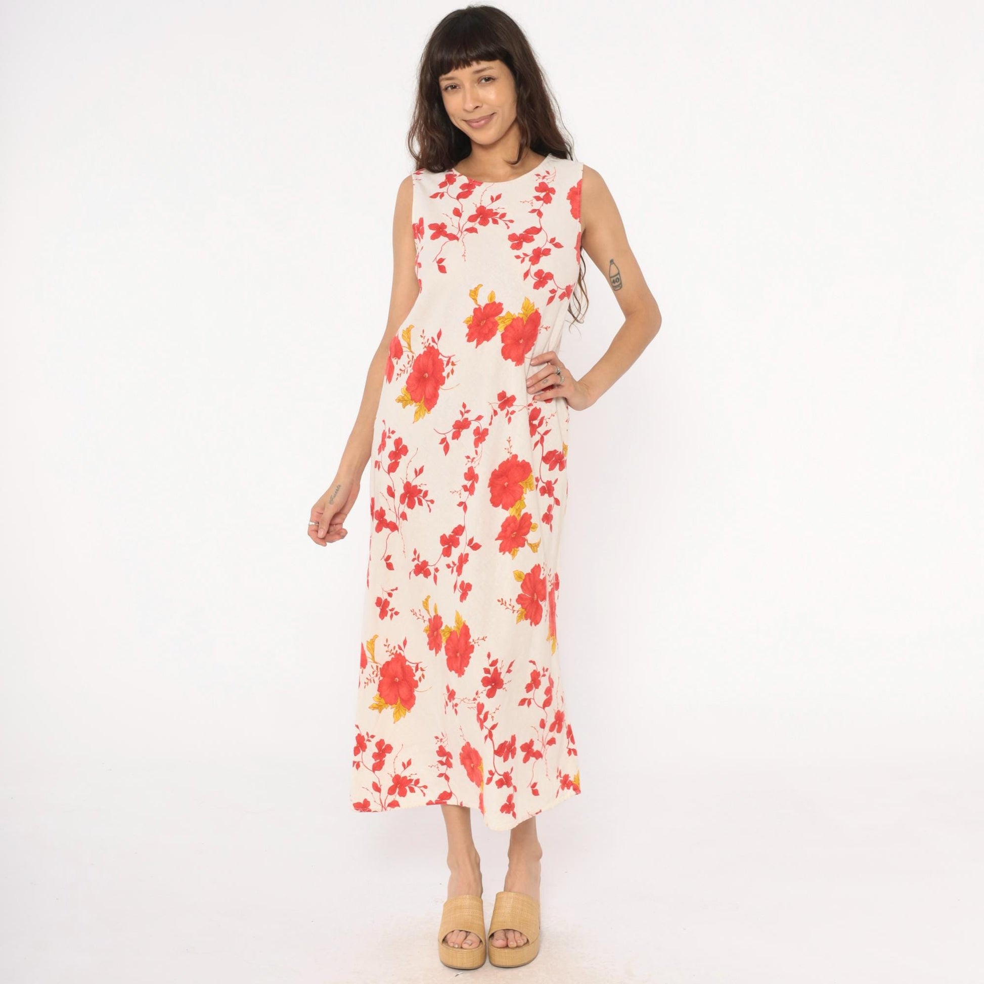 90s Lennie New York Floral Linen Maxi Dress Cream Red Yellow Large L