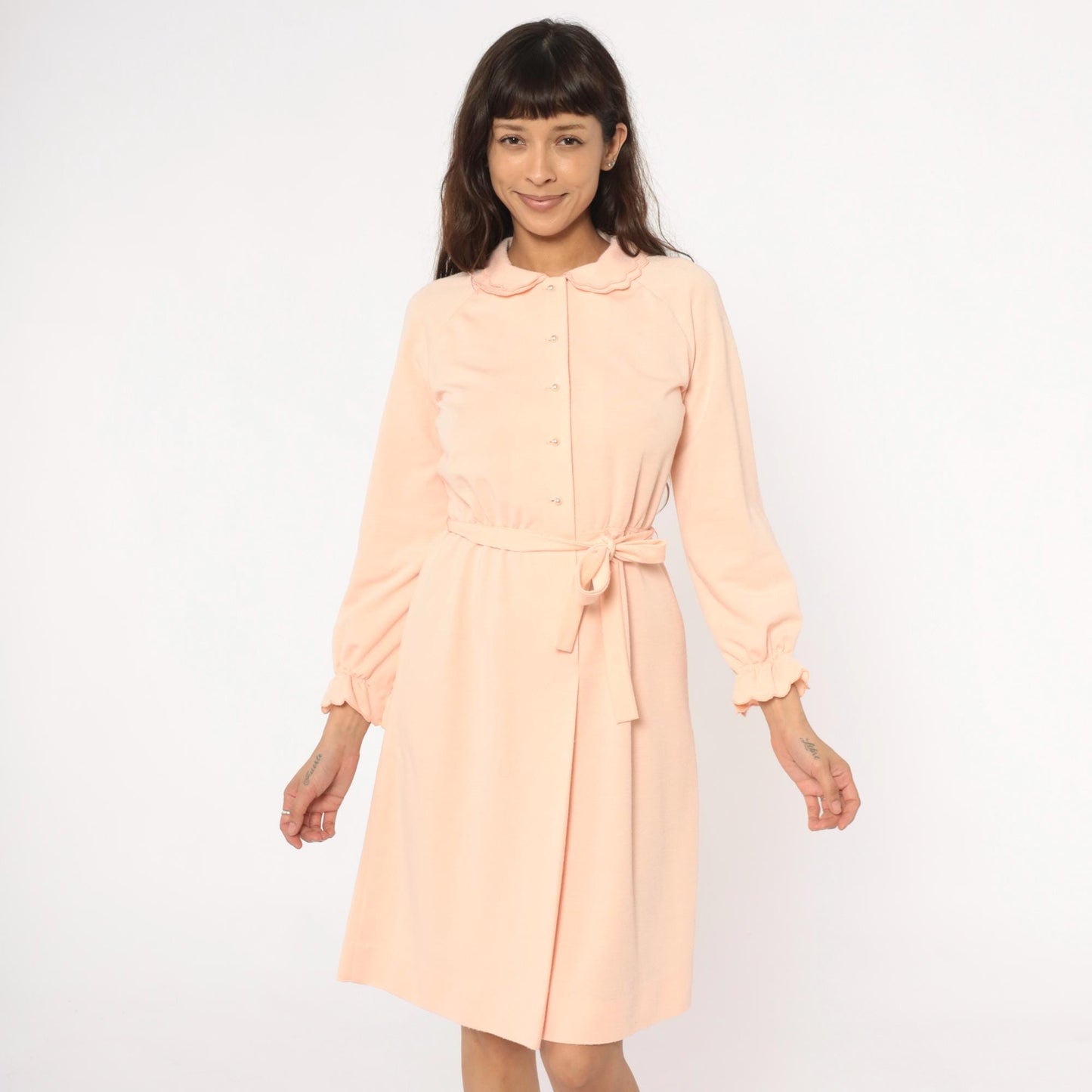 80s Leslie Fay Peach Dress Peter Pan Collar Button Front Belted Small