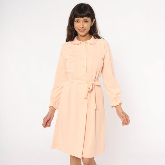 80s Leslie Fay Peach Dress Peter Pan Collar Button Front Belted Small