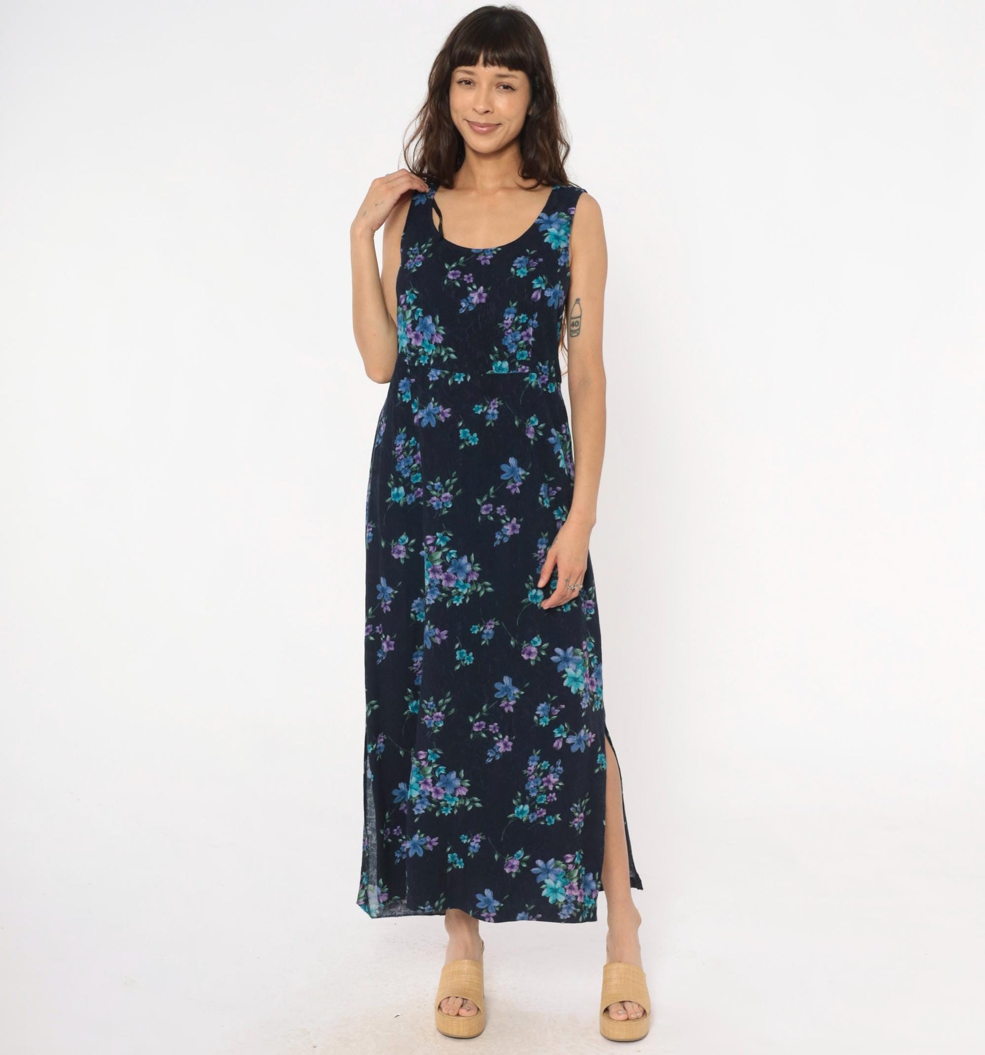 90s Karin Stevens Floral Maxi Dress Dark Blue Purple Sleeveless Tank Large
