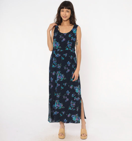 90s Karin Stevens Floral Maxi Dress Dark Blue Purple Sleeveless Tank Large