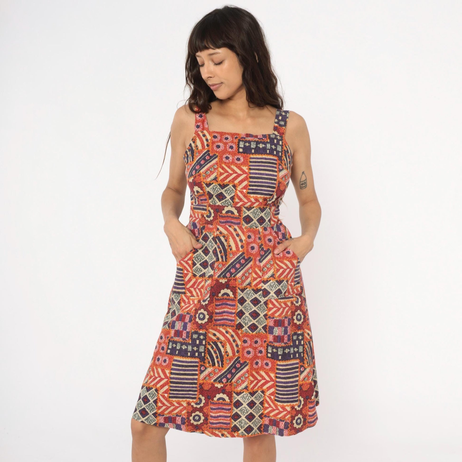 90s Geometric Patchwork Sundress Square Neck Tribal Print Small S