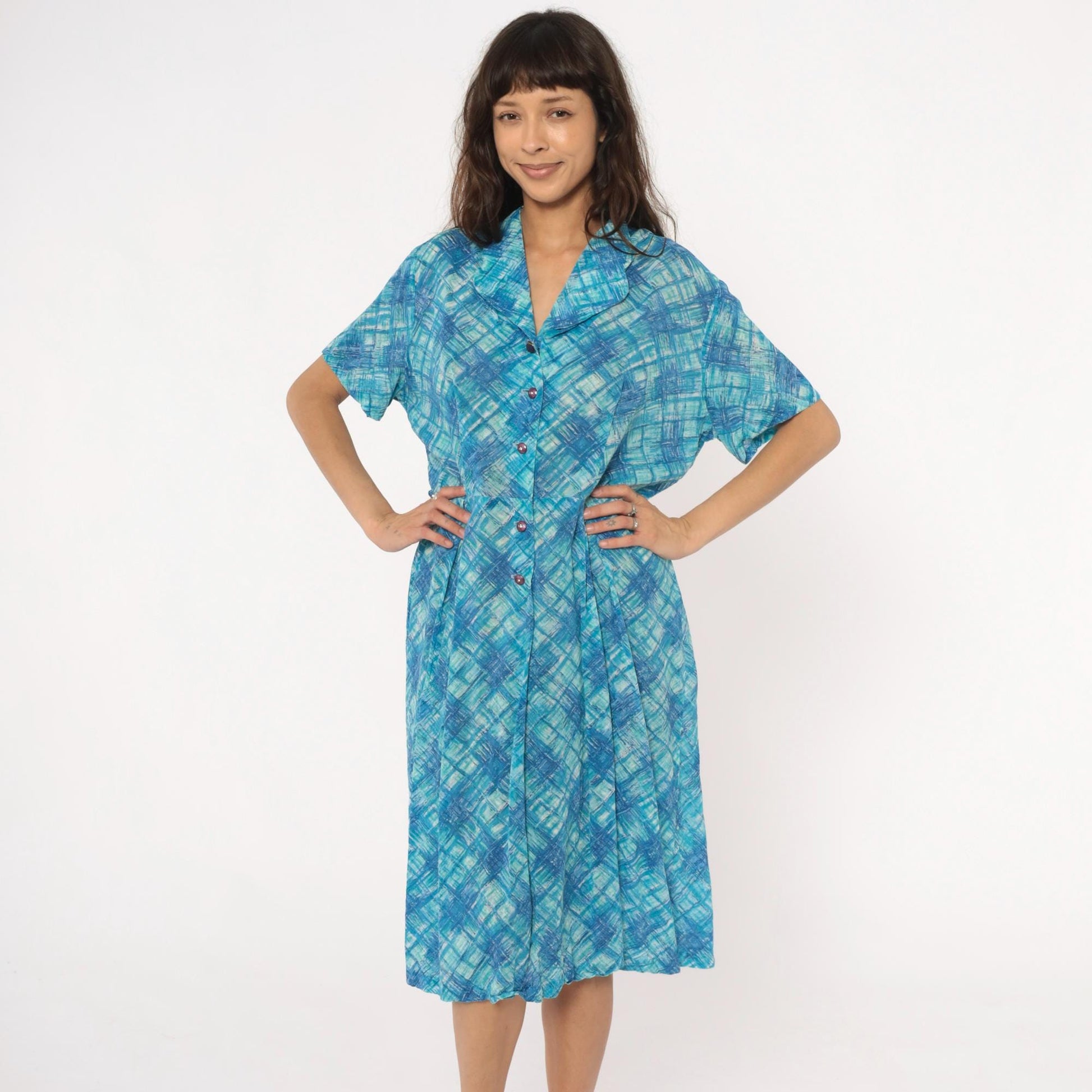 60s Blue Crosshatch Plaid Button-Front Shirtdress Short Sleeve Cotton Large L