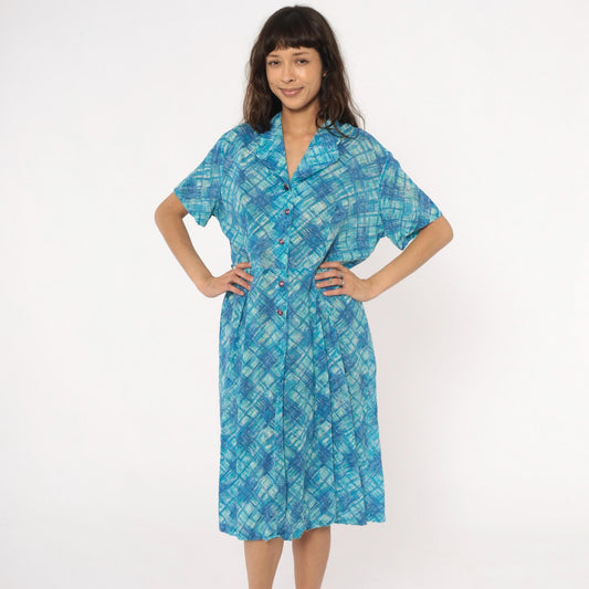 60s Blue Crosshatch Plaid Button-Front Shirtdress Short Sleeve Cotton Large L