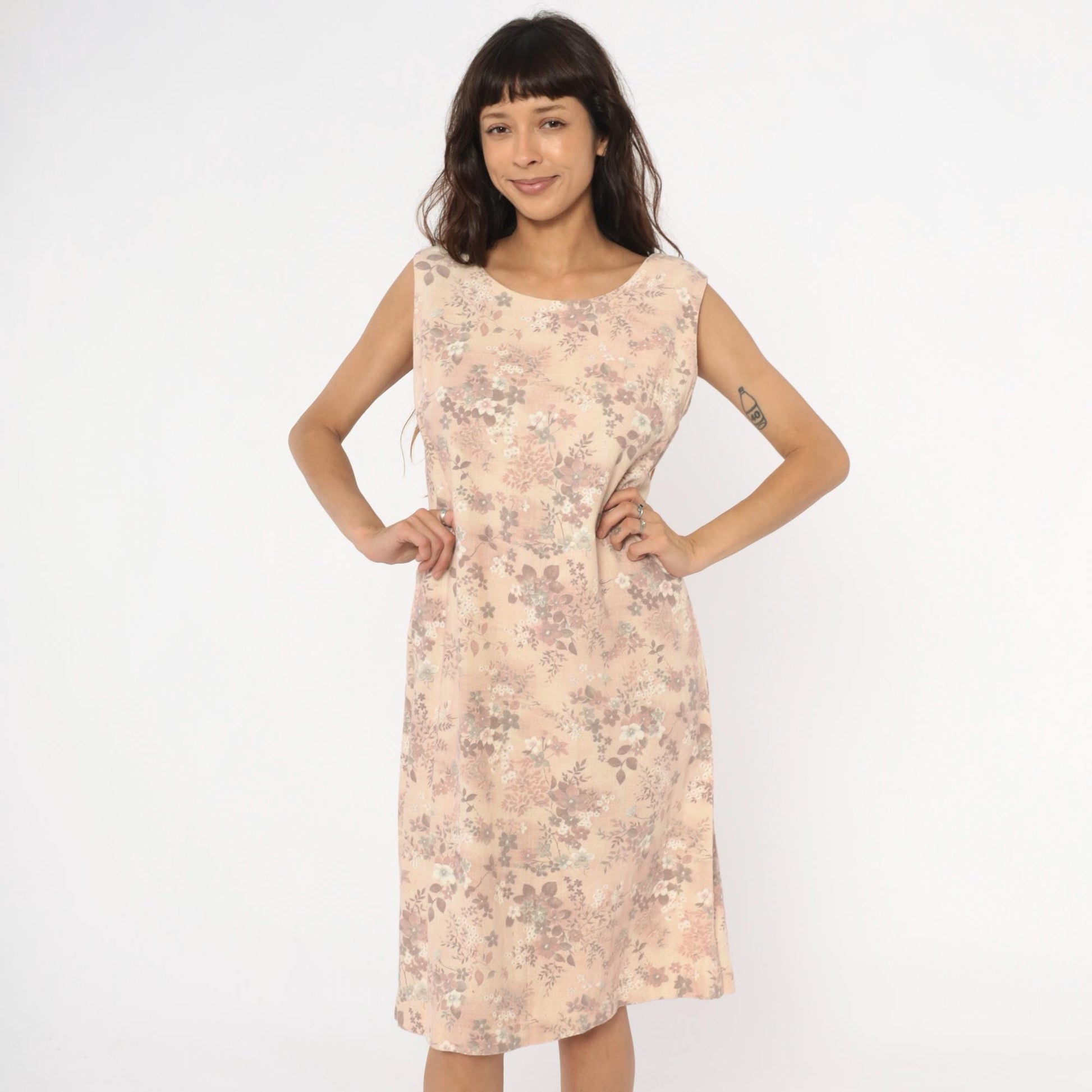 60s Floral Shift Dress Sleeveless Cream Pink Mauve Cotton Medium M
