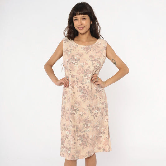 60s Floral Shift Dress Sleeveless Cream Pink Mauve Cotton Medium M