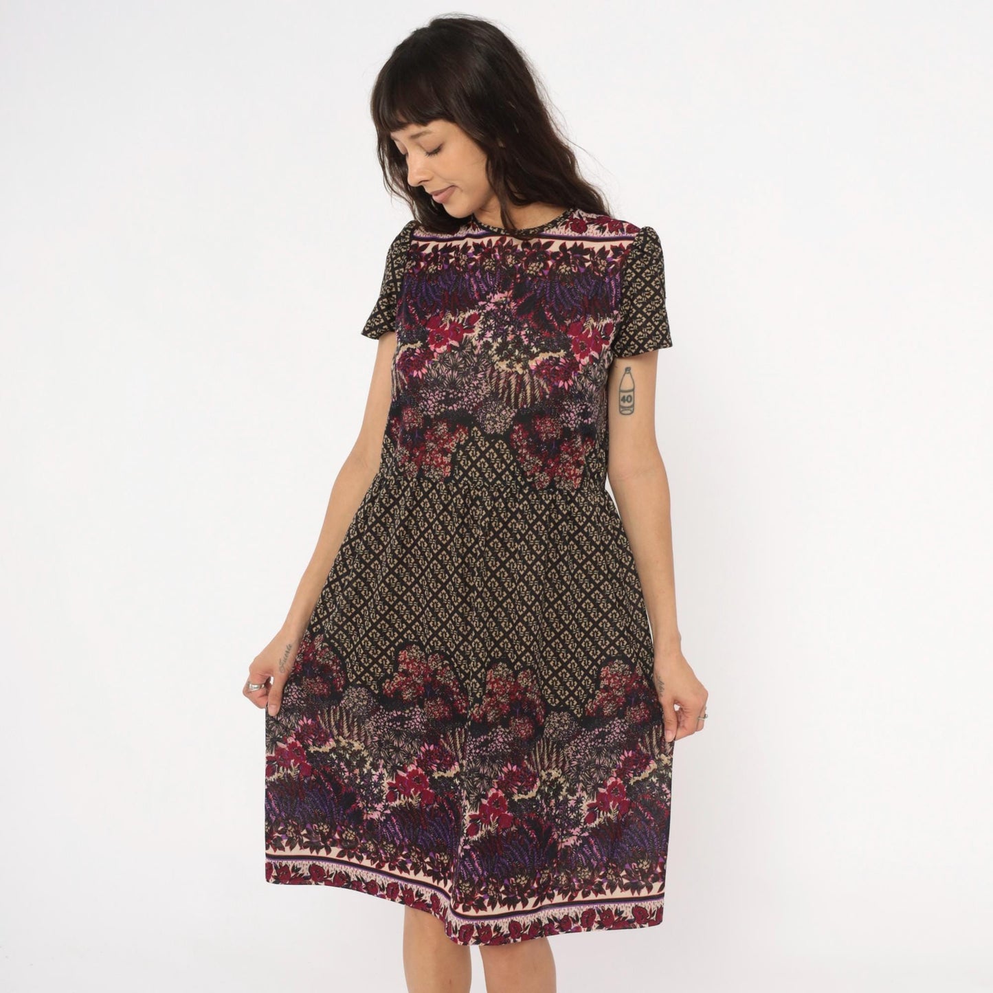 80s Mixed Print Shift Dress Keyhole Back Burgundy Purple Pink Black Medium