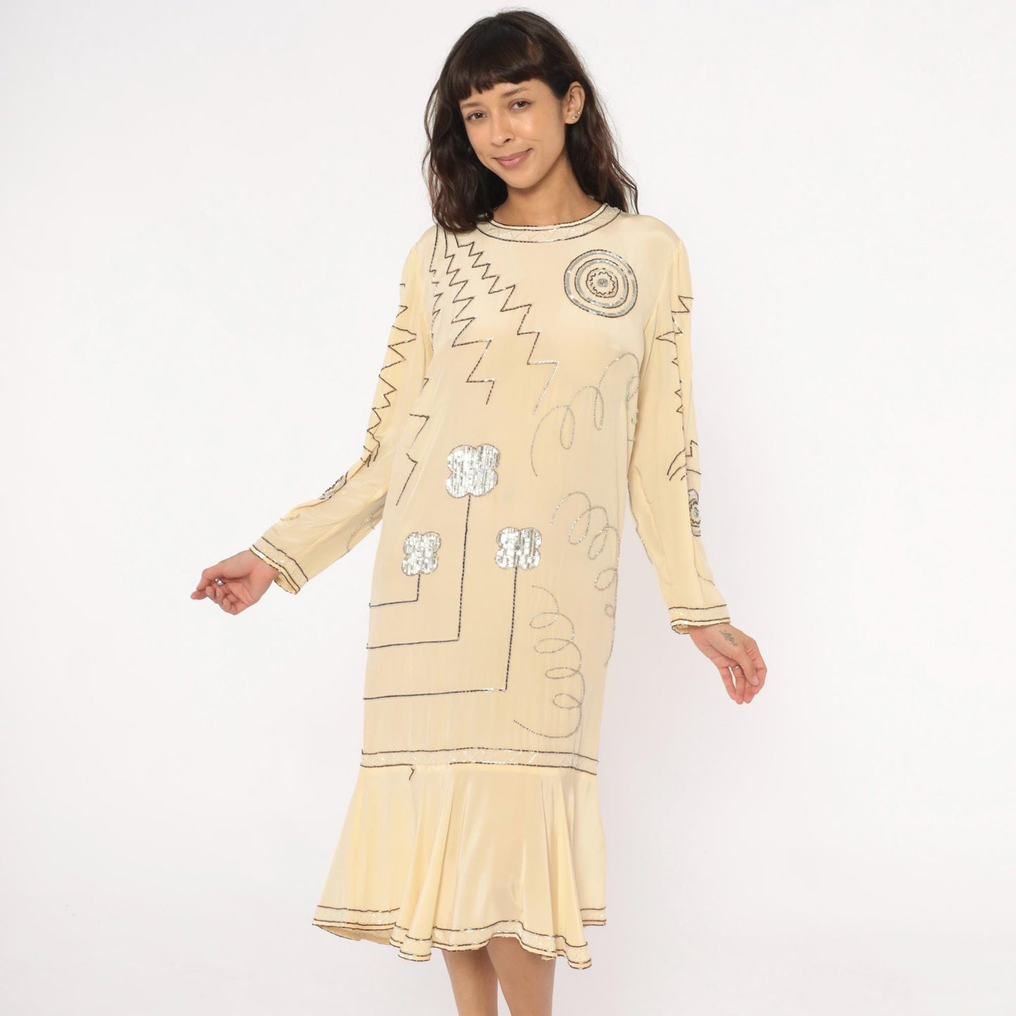90s Argenti Silk Beaded Midi Dress Cream Drop Waist Geometric Embroidered Medium M
