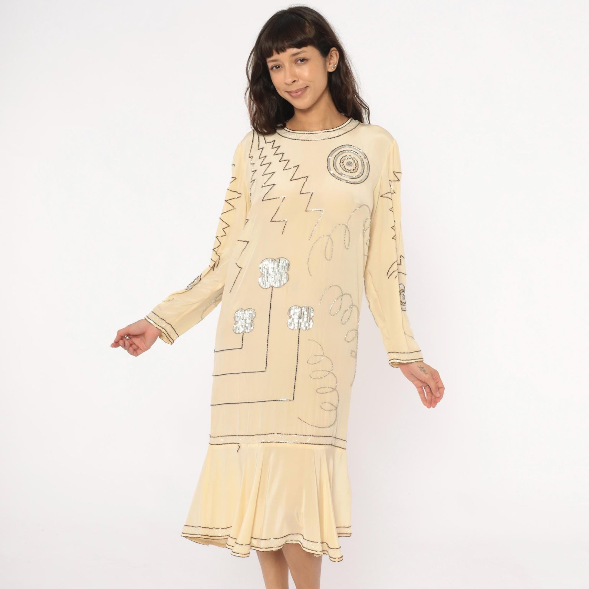 90s Argenti Silk Beaded Midi Dress Cream Drop Waist Geometric Embroidered Medium M