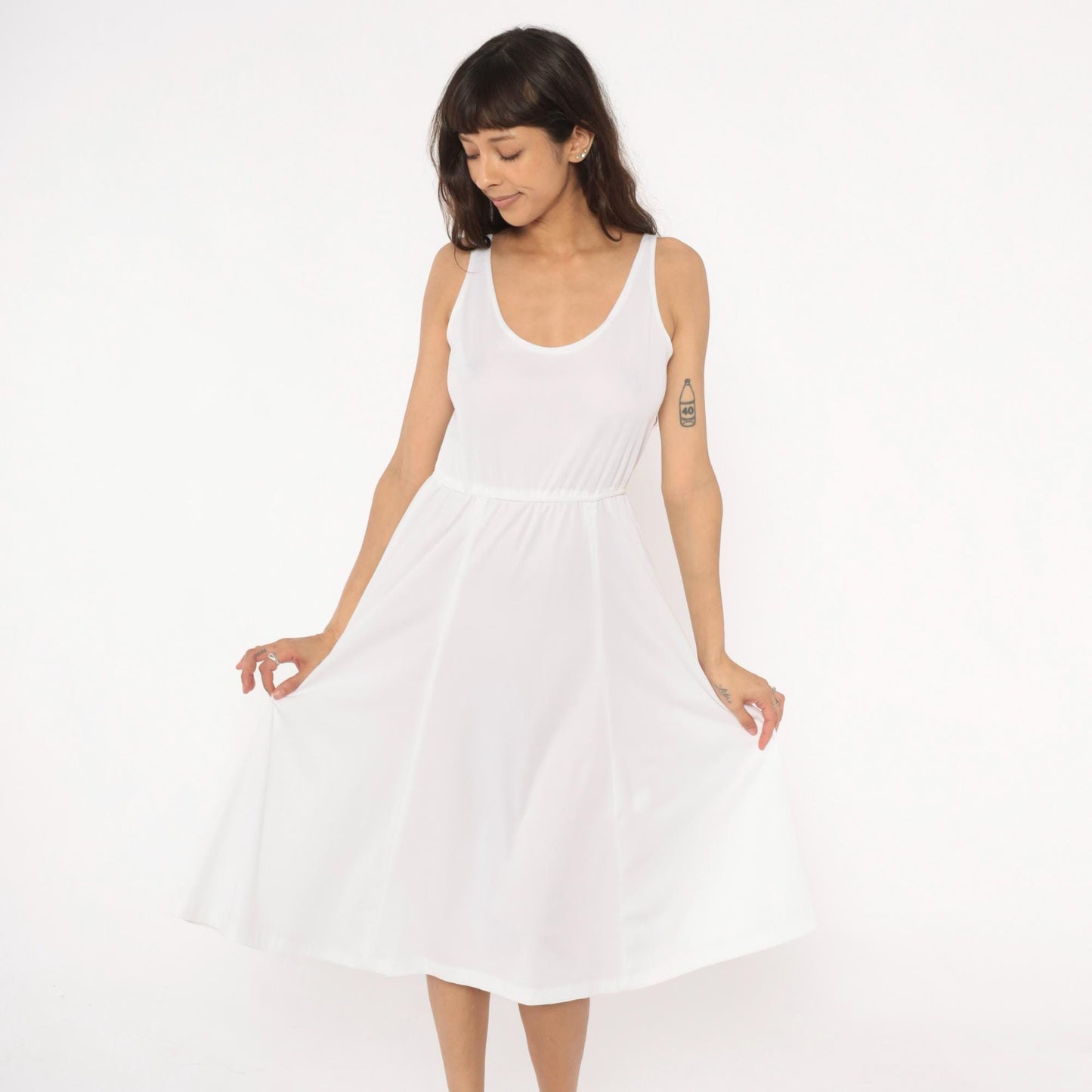 70s White Midi Dress Elastic Waist Scoop Neck A-Line Tank Strap Medium M