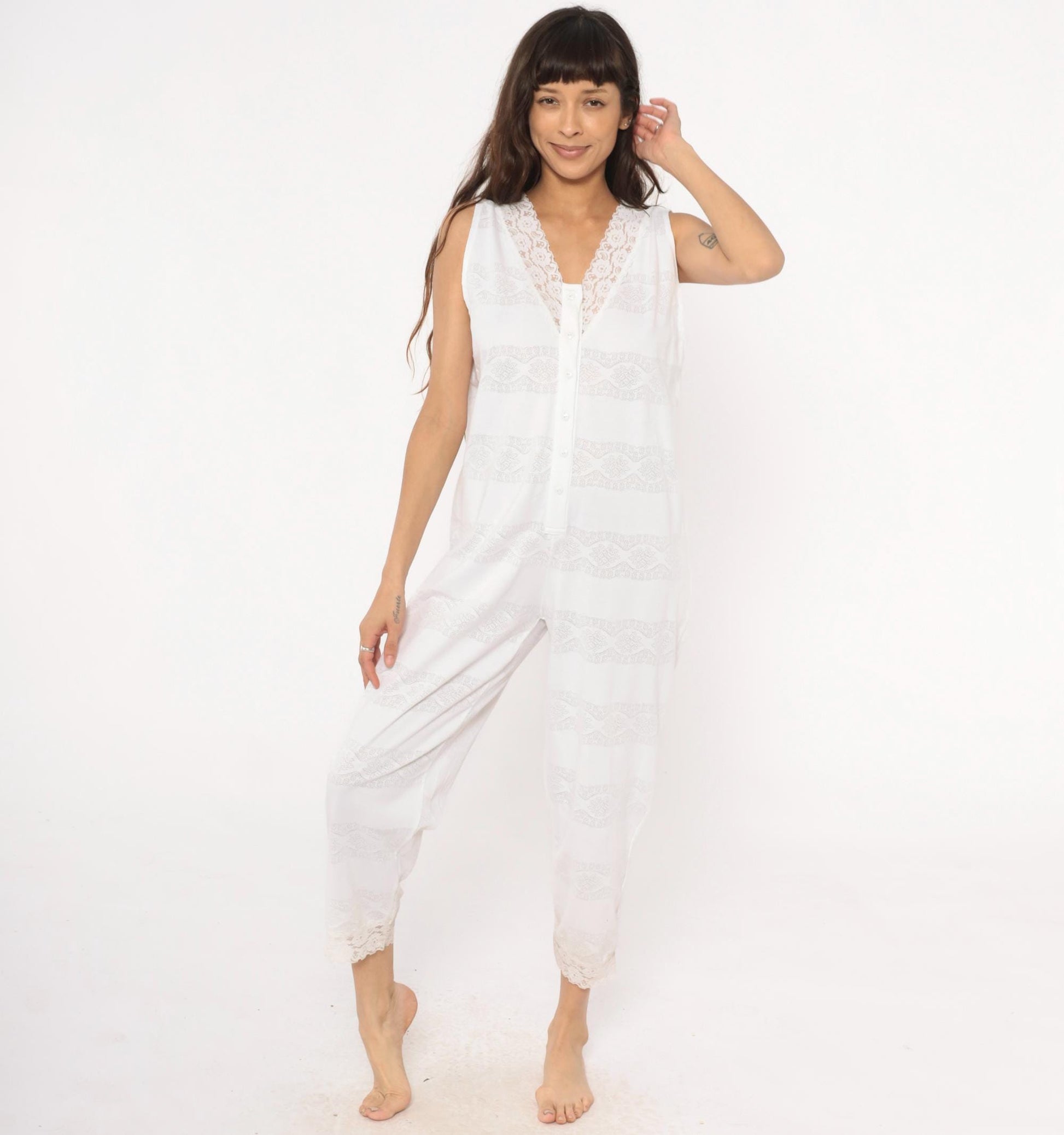 90s Candies White Lace Sleeveless Jumpsuit Cropped Ankle Cotton Medium M
