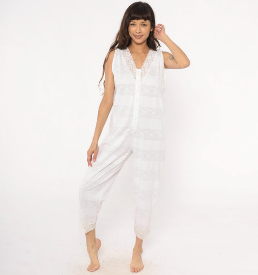 90s Candies White Lace Sleeveless Jumpsuit Cropped Ankle Cotton Medium M