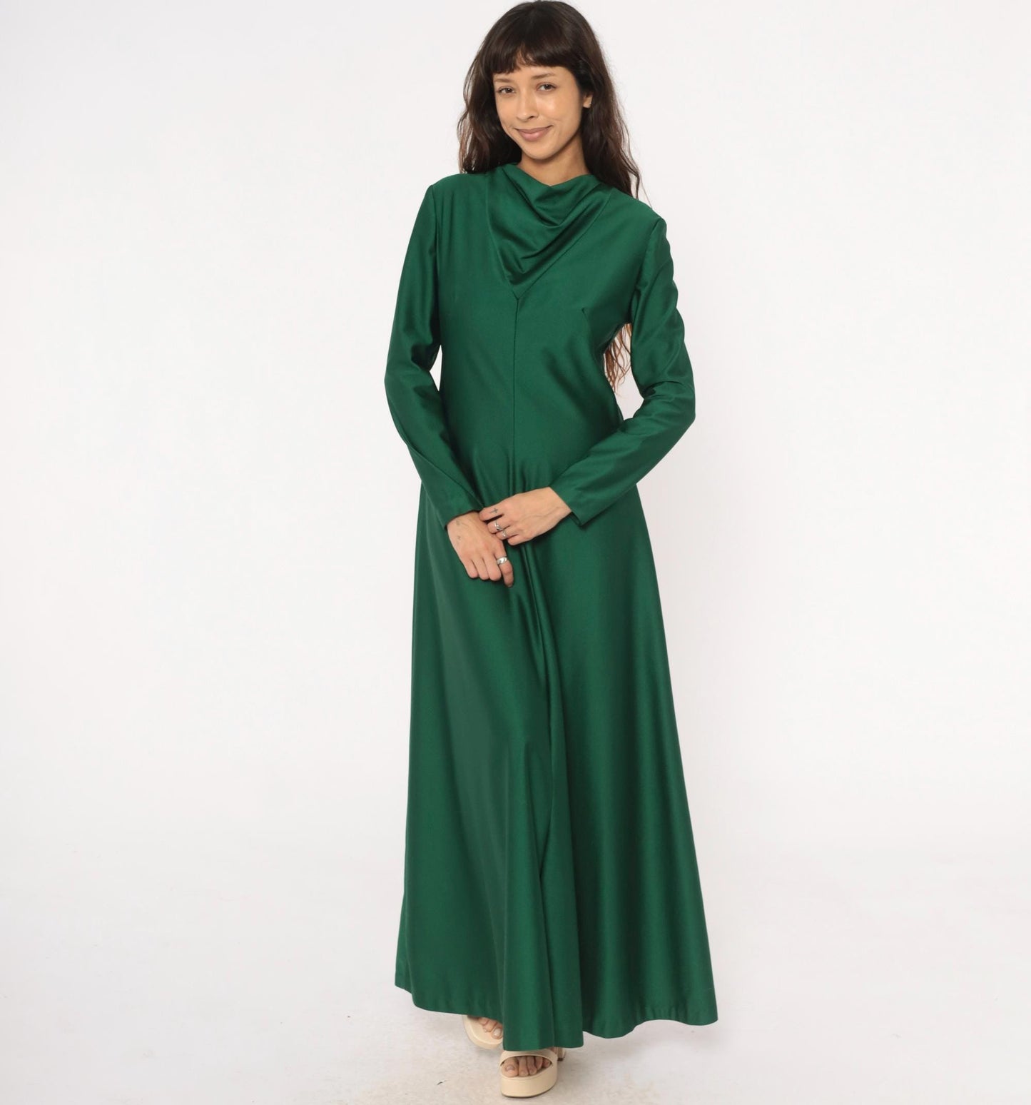 70s Green Maxi Dress Cowl Neck Long Sleeve Forest Draped Medium