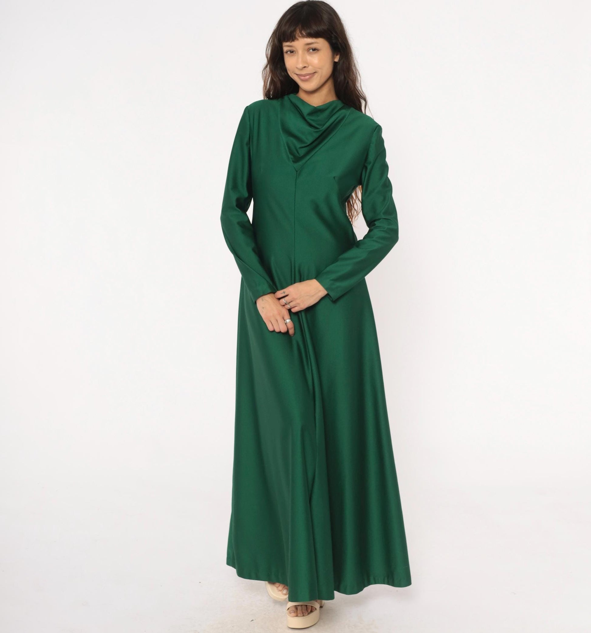 70s Green Maxi Dress Cowl Neck Long Sleeve Forest Draped Medium