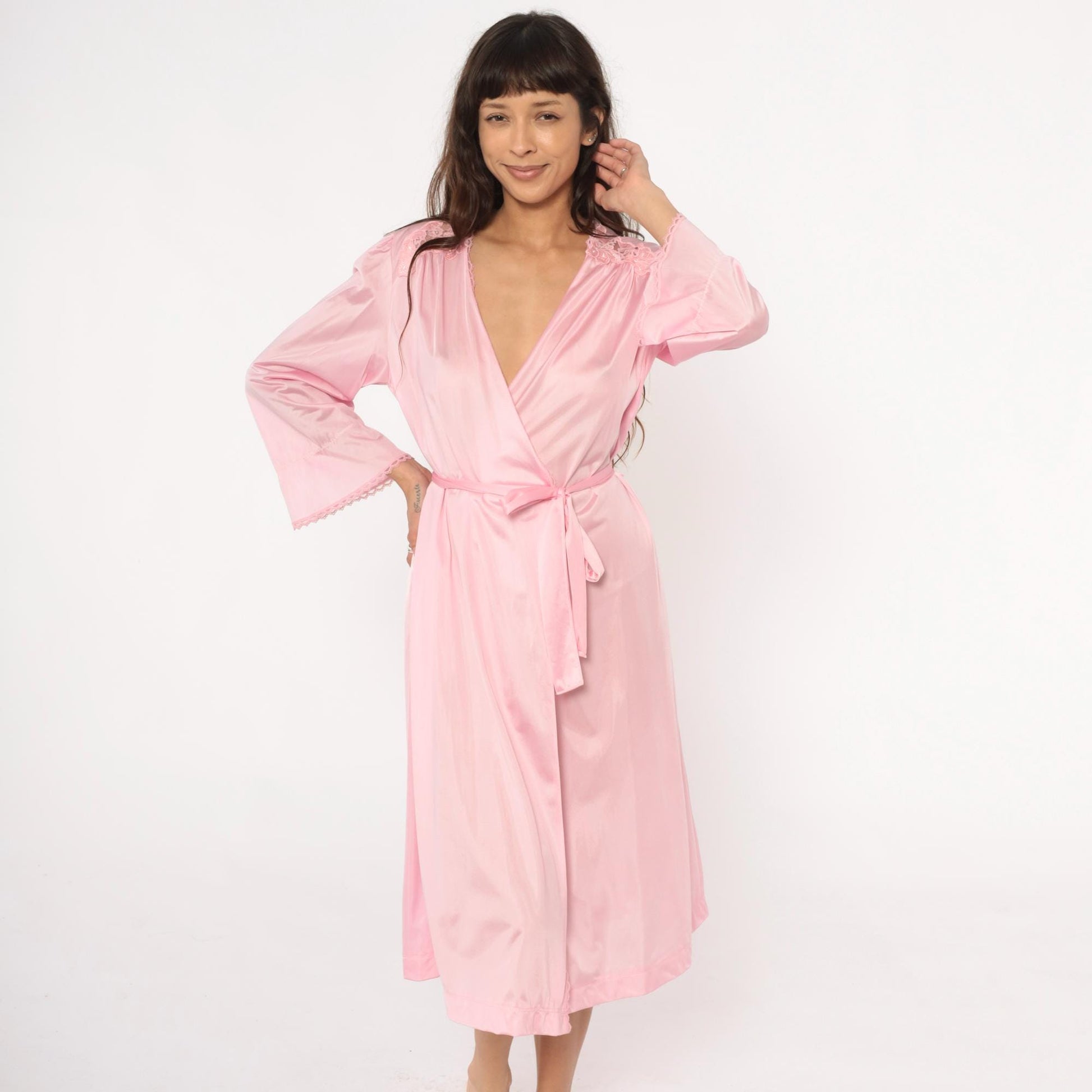 70s Lorraine Pink Lace Wrap Robe V-Neck Tie Front Lingerie Medium M