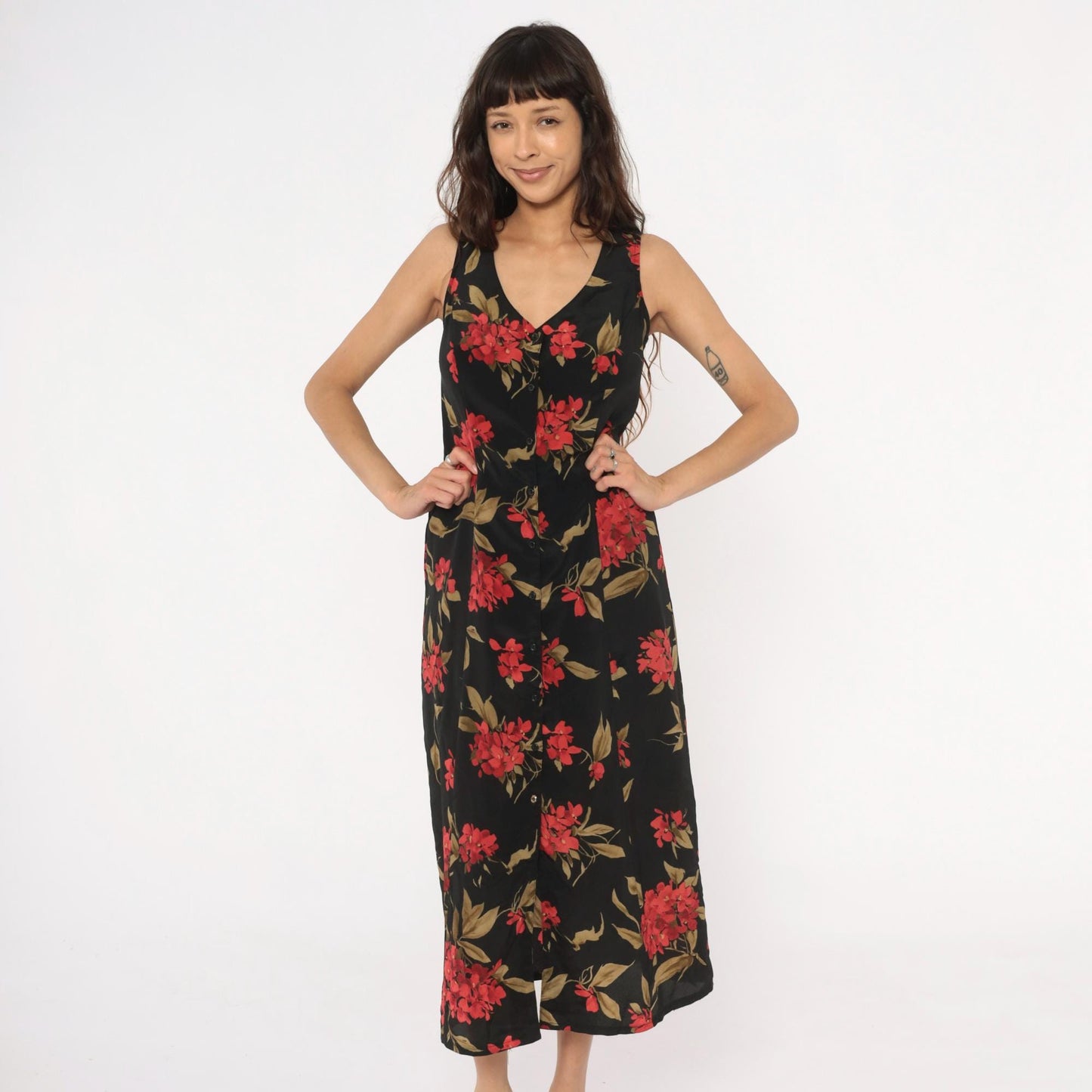 90s Expressions Floral Maxi Dress Black Red Coral Sleeveless V-Neck Medium
