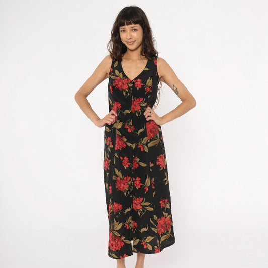 90s Expressions Floral Maxi Dress Black Red Coral Sleeveless V-Neck Medium