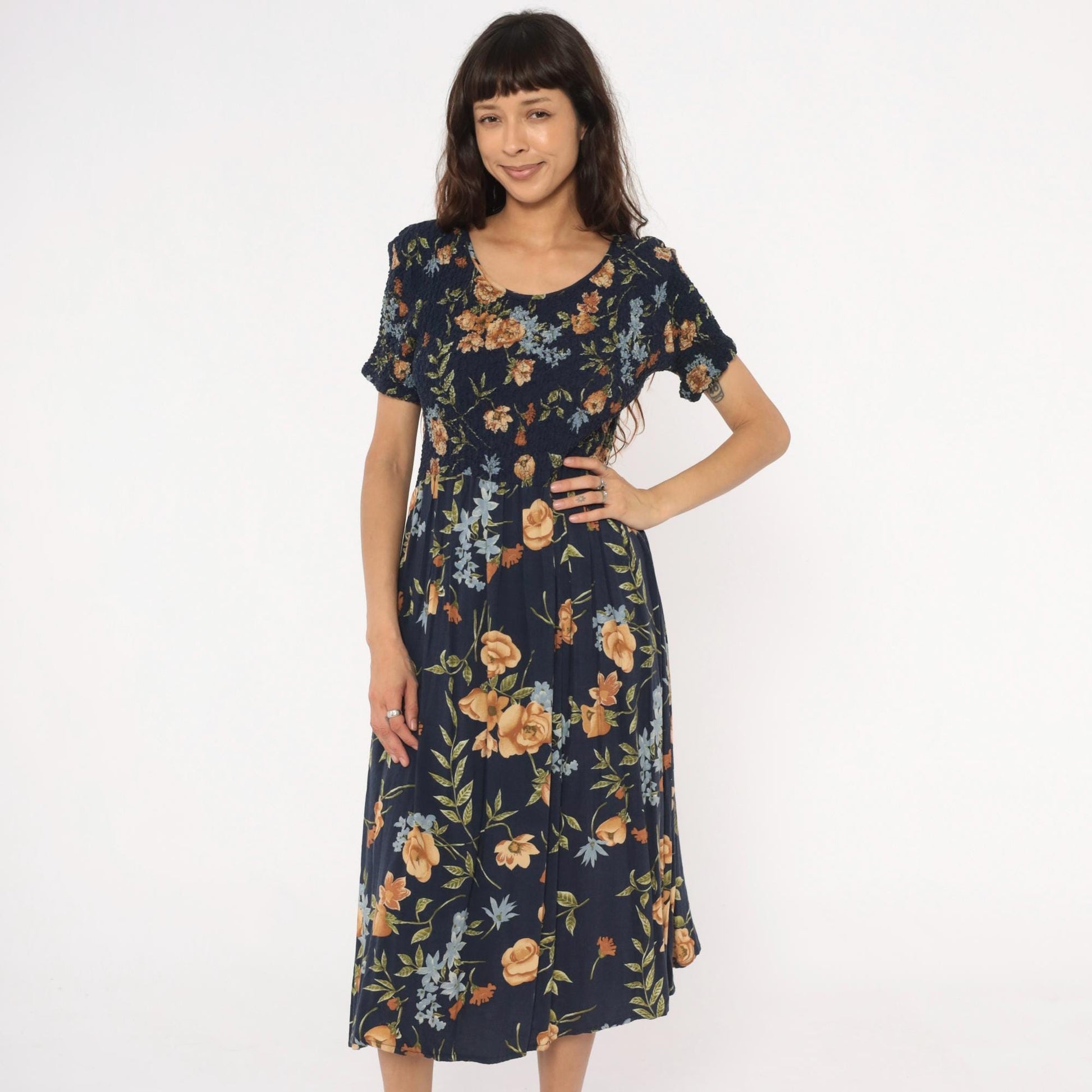 90s Impressions Navy Floral Midi Dress Smocked Empire Waist Short Sleeve Large L