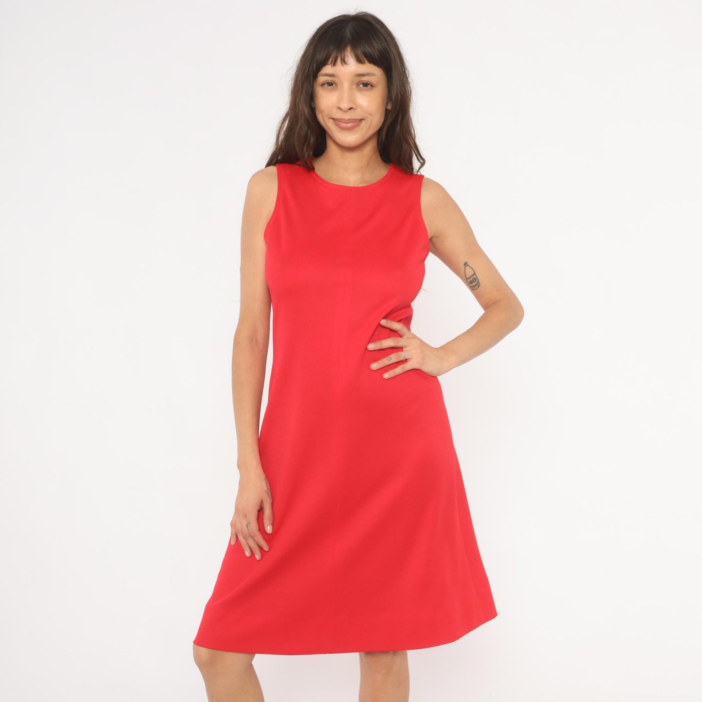 1960s Red A-Line Shift Dress Scoop Neck Sleeveless Knee Length Small S