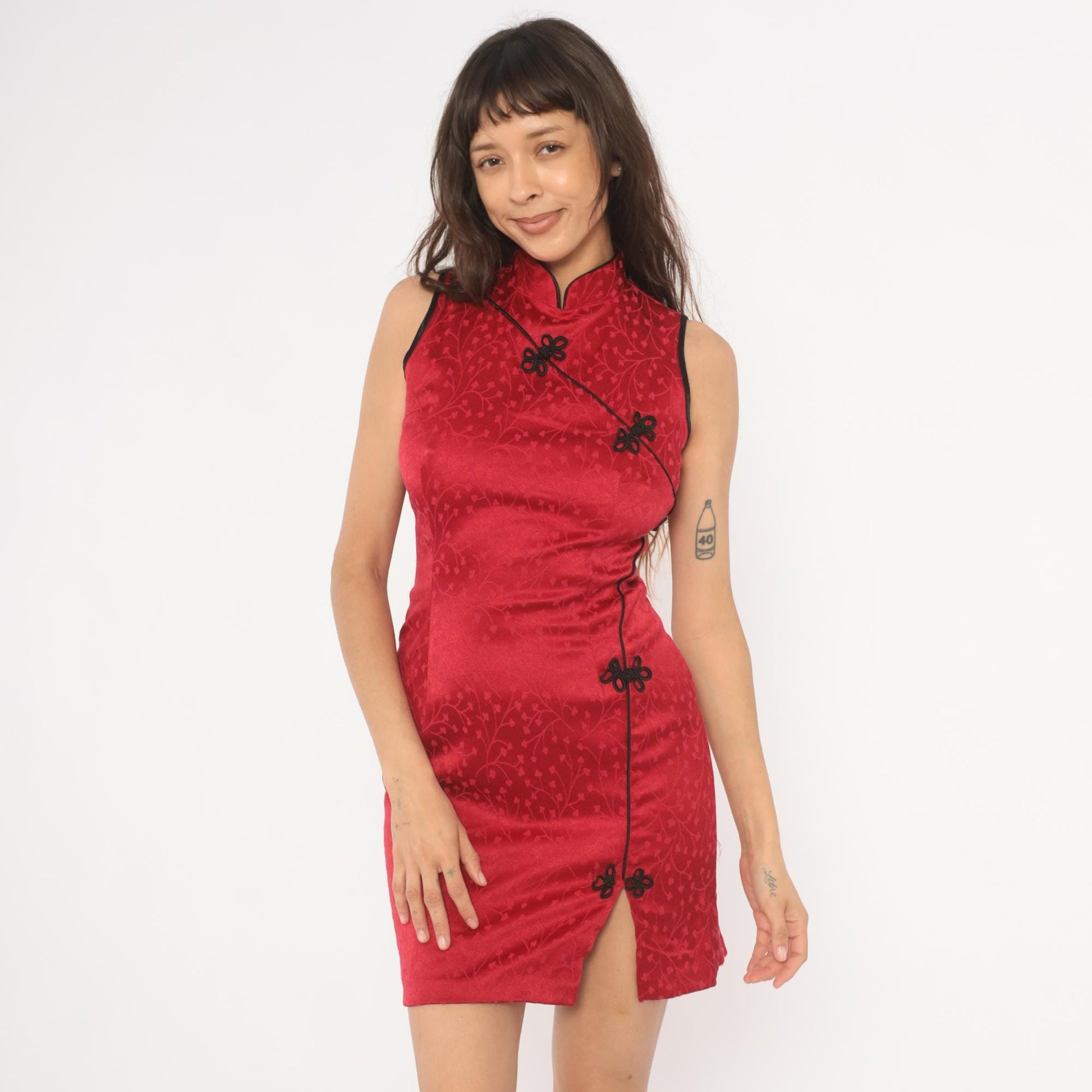 2000s Sabora Red Cheongsam Mini Dress Mandarin Collar Frog Button Satin Jacquard Extra Small XS