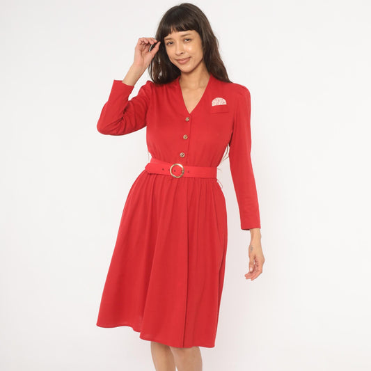 80s Tabby of California Red Day Dress Puff Sleeve V-Neck Gold Buttons Small S