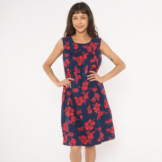 80s Ui-Makai Hawaiian Hibiscus Dress Navy Blue Red Floral Sleeveless Small