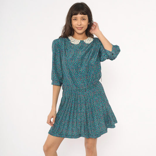 80s Brelli Originals Ditsy Floral Mini Dress Puff Sleeve Peter Pan Collar Large L