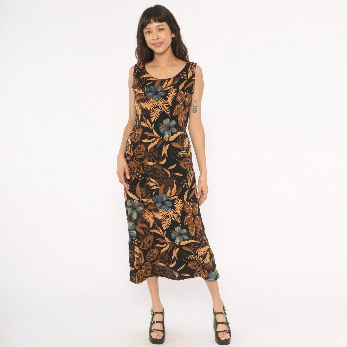 90s California Krush Tropical Floral Midi Dress Sleeveless Black Medium M