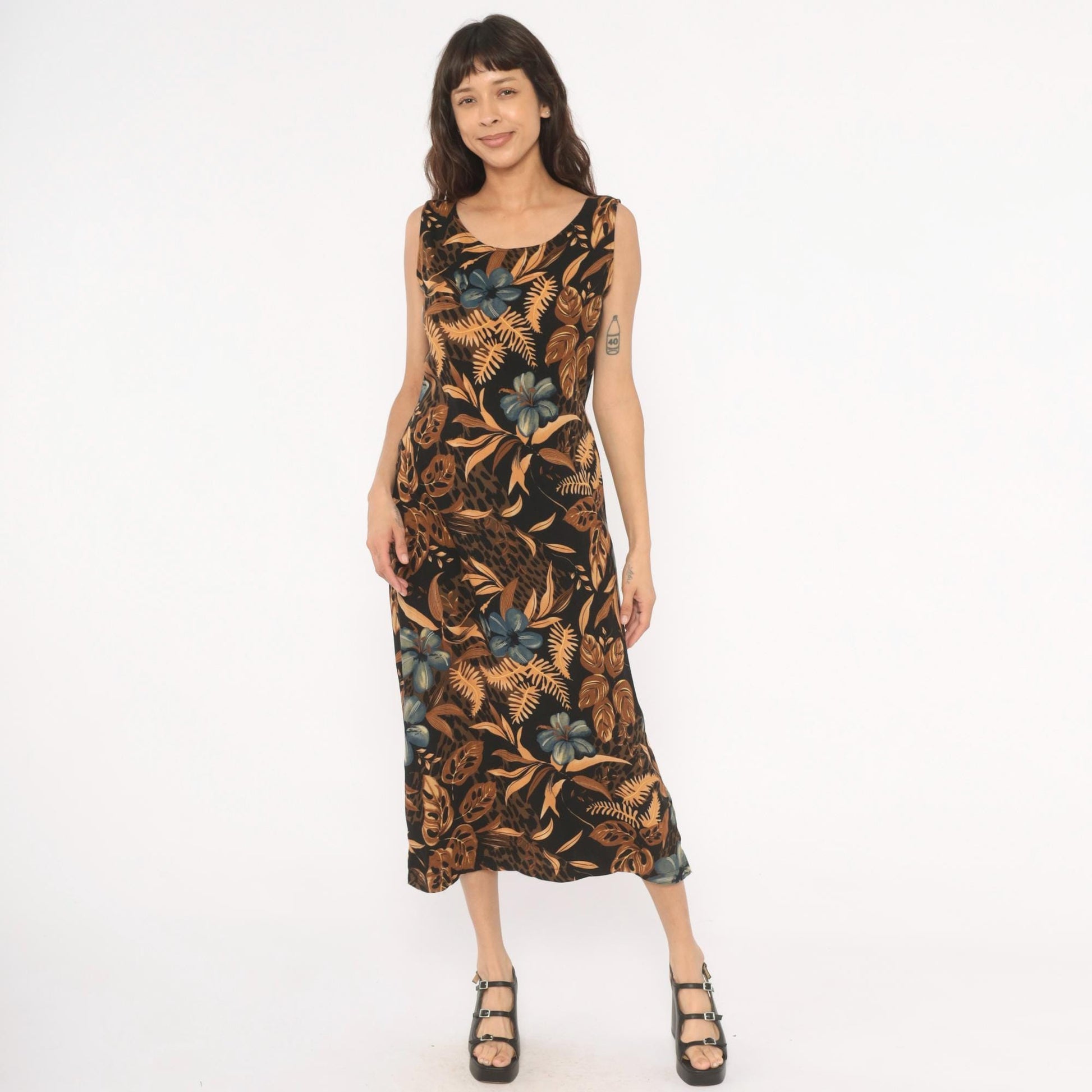 90s California Krush Tropical Floral Midi Dress Sleeveless Black Medium M