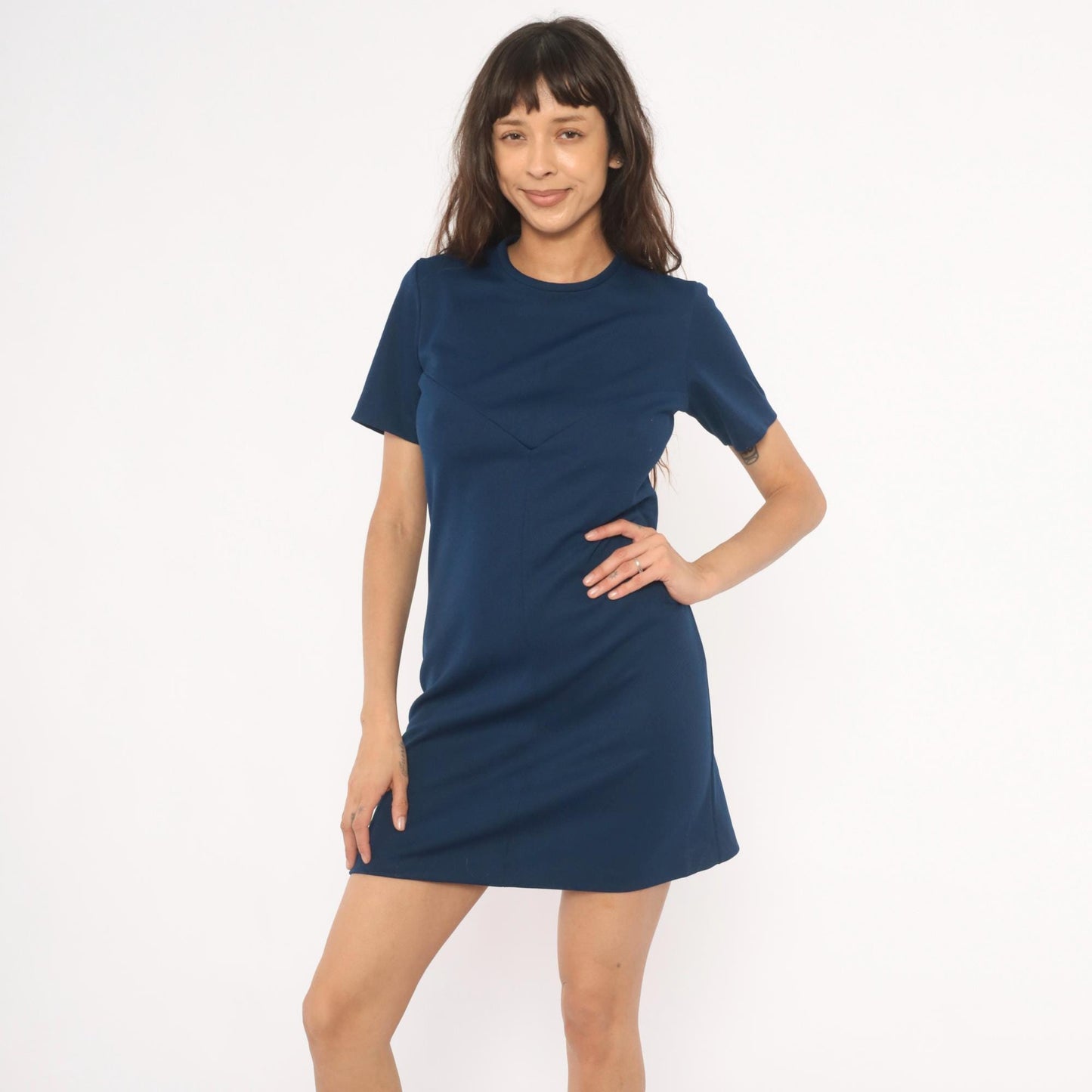 70s Navy Shift Dress Mini A-Line Short Sleeve Crew Neck Sears Knit Small S