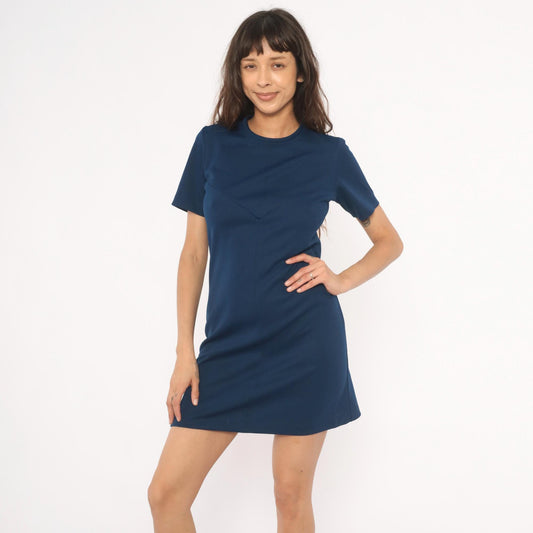 70s Navy Shift Dress Mini A-Line Short Sleeve Crew Neck Sears Knit Small S