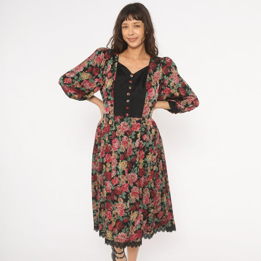 90s Rose Dirndl Dark Floral Midi Dress Black Sweetheart Neckline Medium M