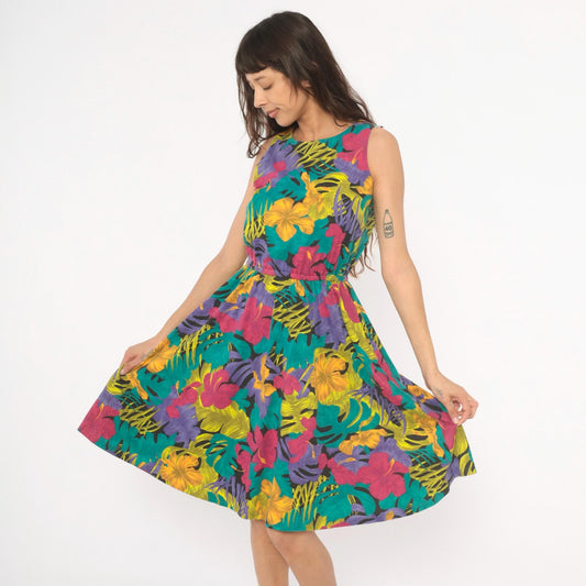 90s Ifi Tropical Floral Sundress Hibiscus Monstera Print Scoop Neck Medium M