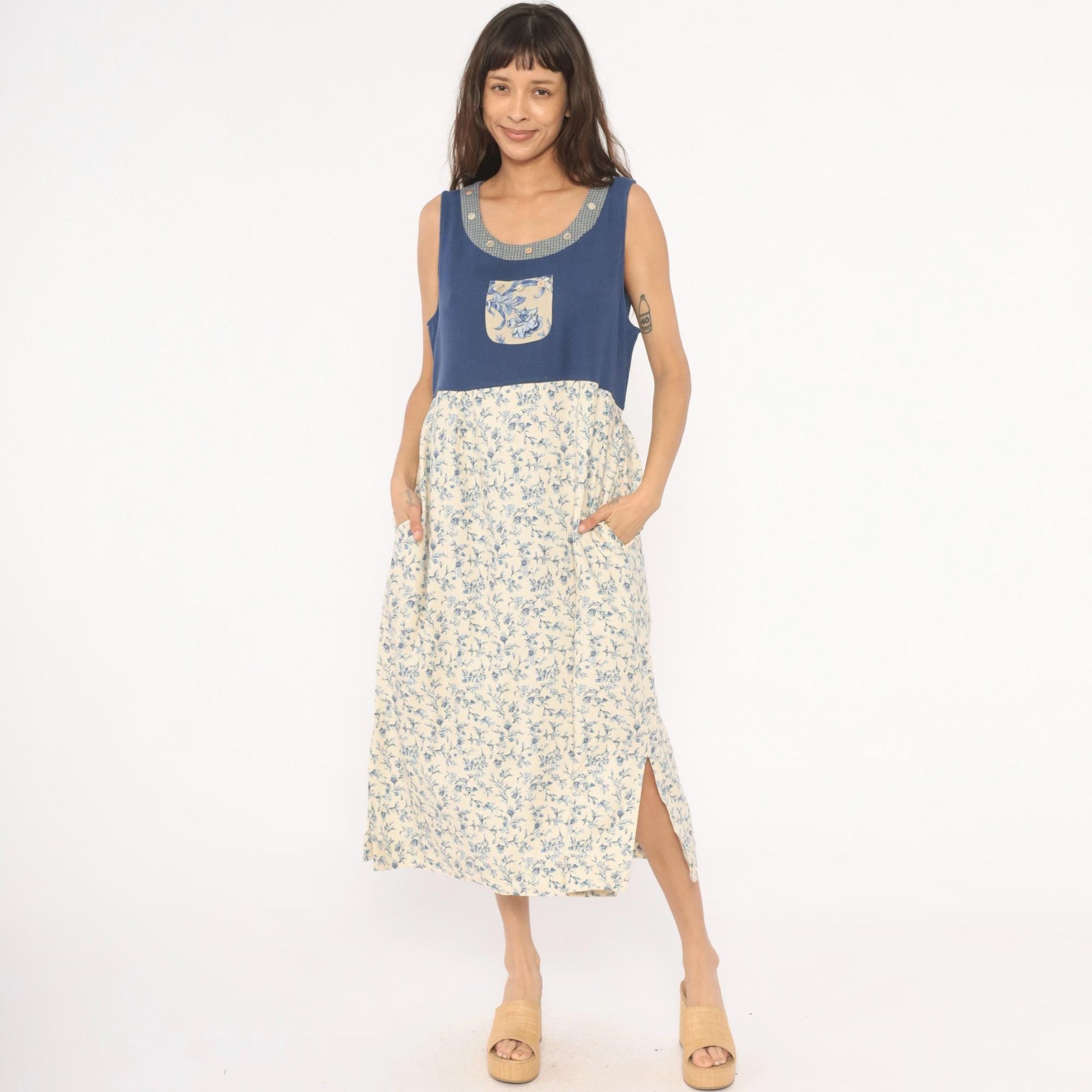 90s Napa Valley Floral Jumper Dress Blue Cream Linen Midi Large L